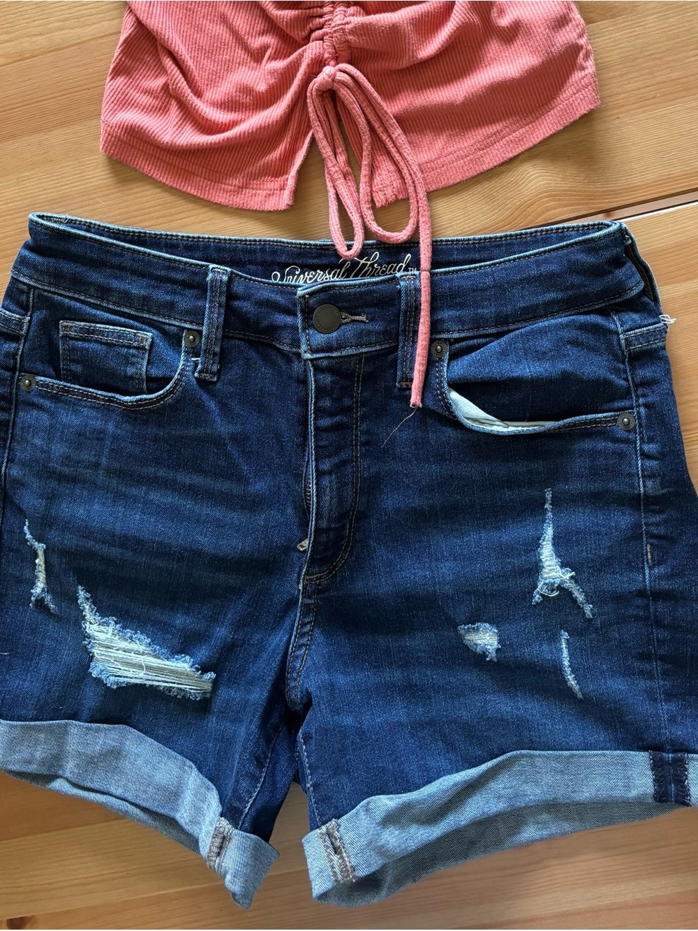 Universal Thread Distressed Dark Blue Rolled-Hem Denim Shorts